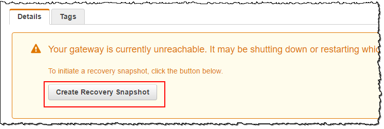 Guia de detalhes do gateway inacessível do console do Storage Gateway mostrando o botão Criar snapshot de recuperação.