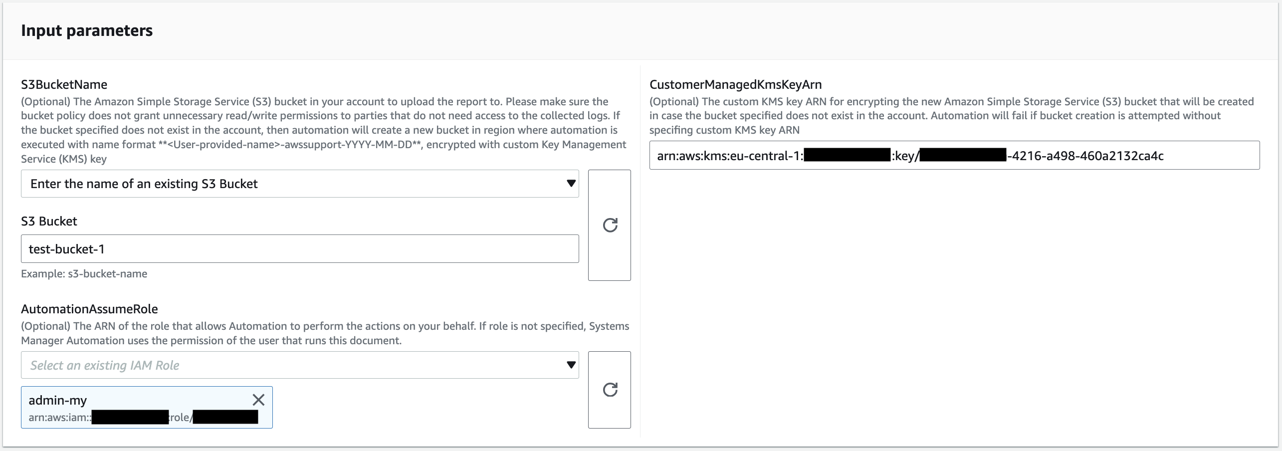 Input parameters for S3 bucket configuration, including bucket name and KMS key ARN.