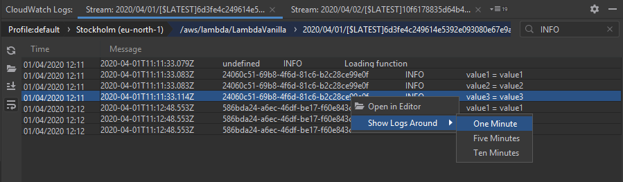 Como visualizar e filtrar ações de log no painel Eventos de logs.