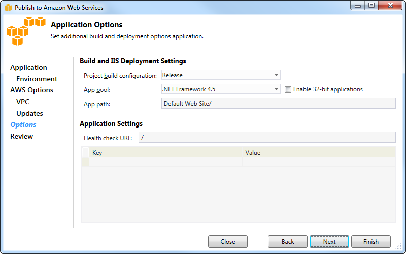 Application Options interface for configuring build and deployment settings for AWS.