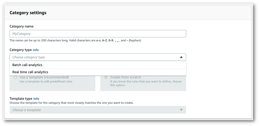 Amazon Transcribe captura de tela do console: o painel de 'configurações de categoria'.