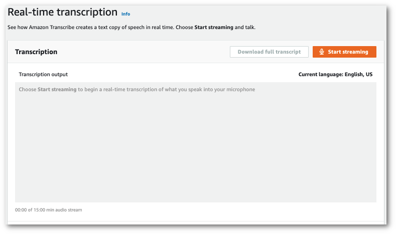 Amazon Transcribecaptura de tela do console: o painel 'transcrição' na página 'transcrição em tempo real'.