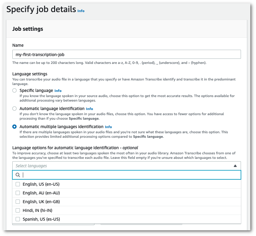 Amazon Transcribe captura de tela do console: o painel “configurações do trabalho” na página “especificar detalhes do trabalho”.