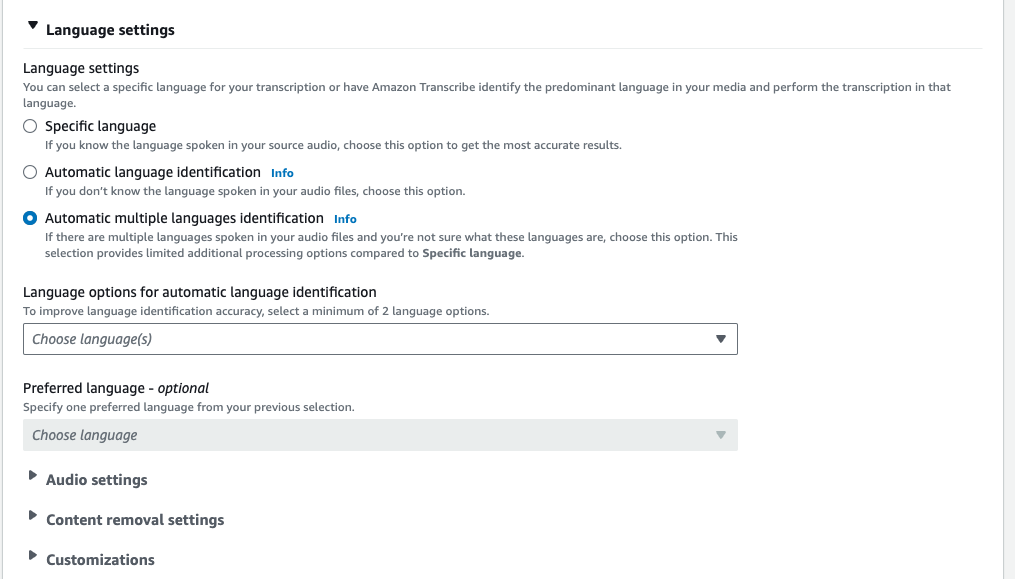 Captura de tela do console do Amazon Transcribe: a guia “configurações de idioma” expandida.