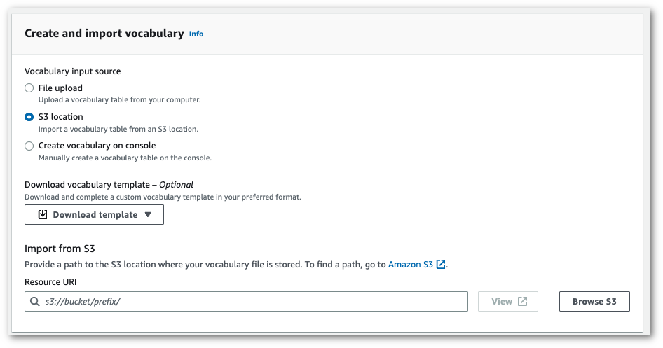 Amazon Transcribe captura de tela do console: a página 'criar e importar vocabulário'.