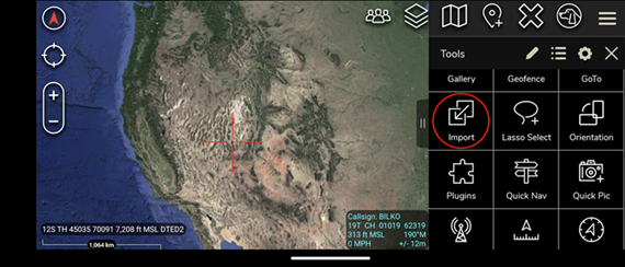 Satellite view of western North America with toolbar showing Import option highlighted.