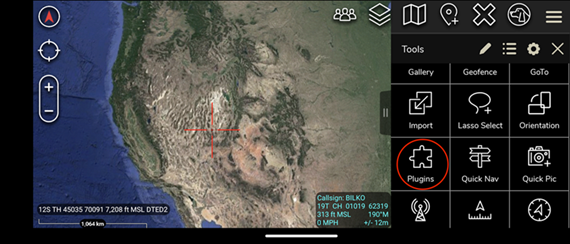 A opção Plugins no ATAK aplicativo.