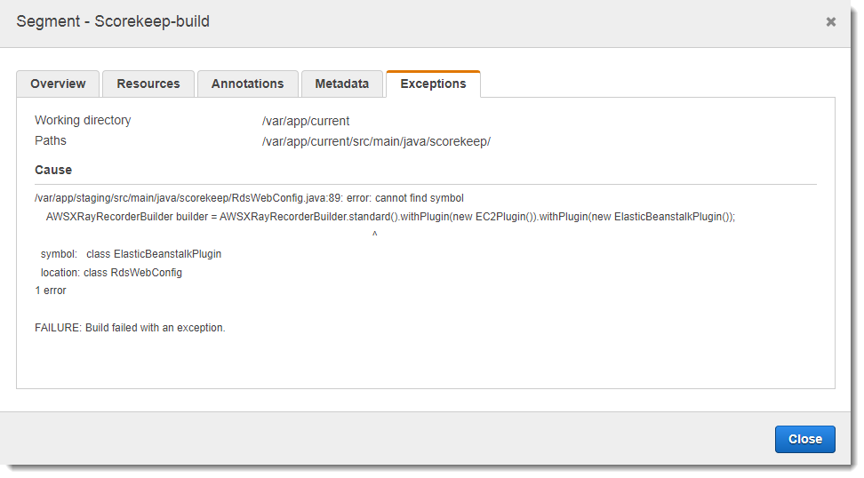 Error message showing build failure due to missing ElasticBeanstalkPlugin symbol in RdsWebConfig class.