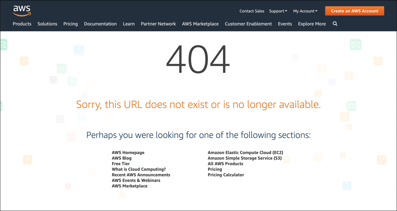 自定义 AWS 404 页面示例的屏幕截图。