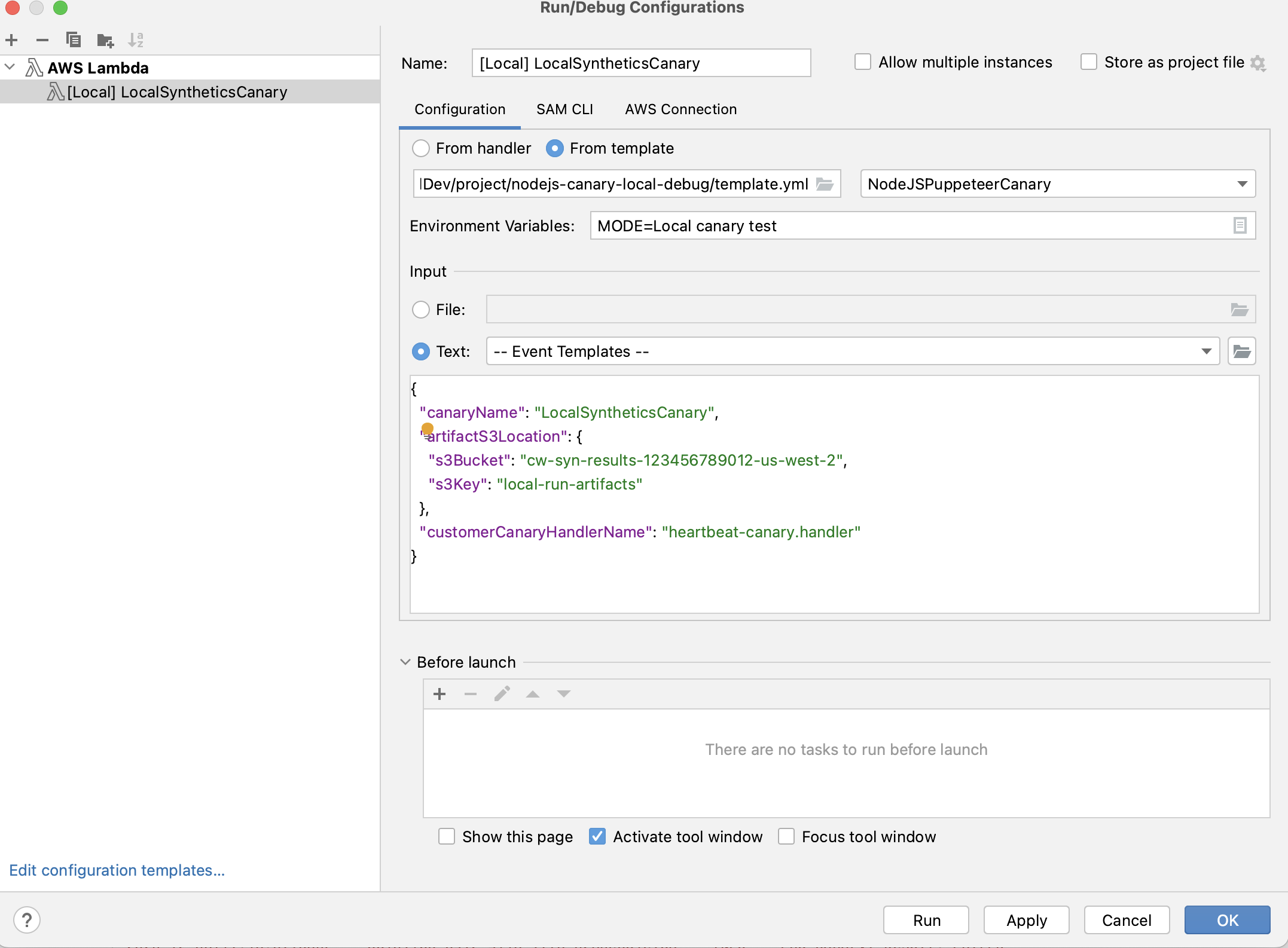 Run/Debug Configurations interface for AWS Lambda with LocalSyntheticsCanary settings.