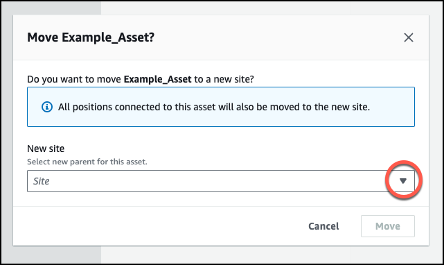 Dialog box for moving an asset to a new site with dropdown menu and Move button.