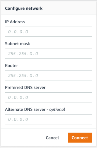 Network configuration form with fields for IP address, subnet mask, router, and DNS servers.