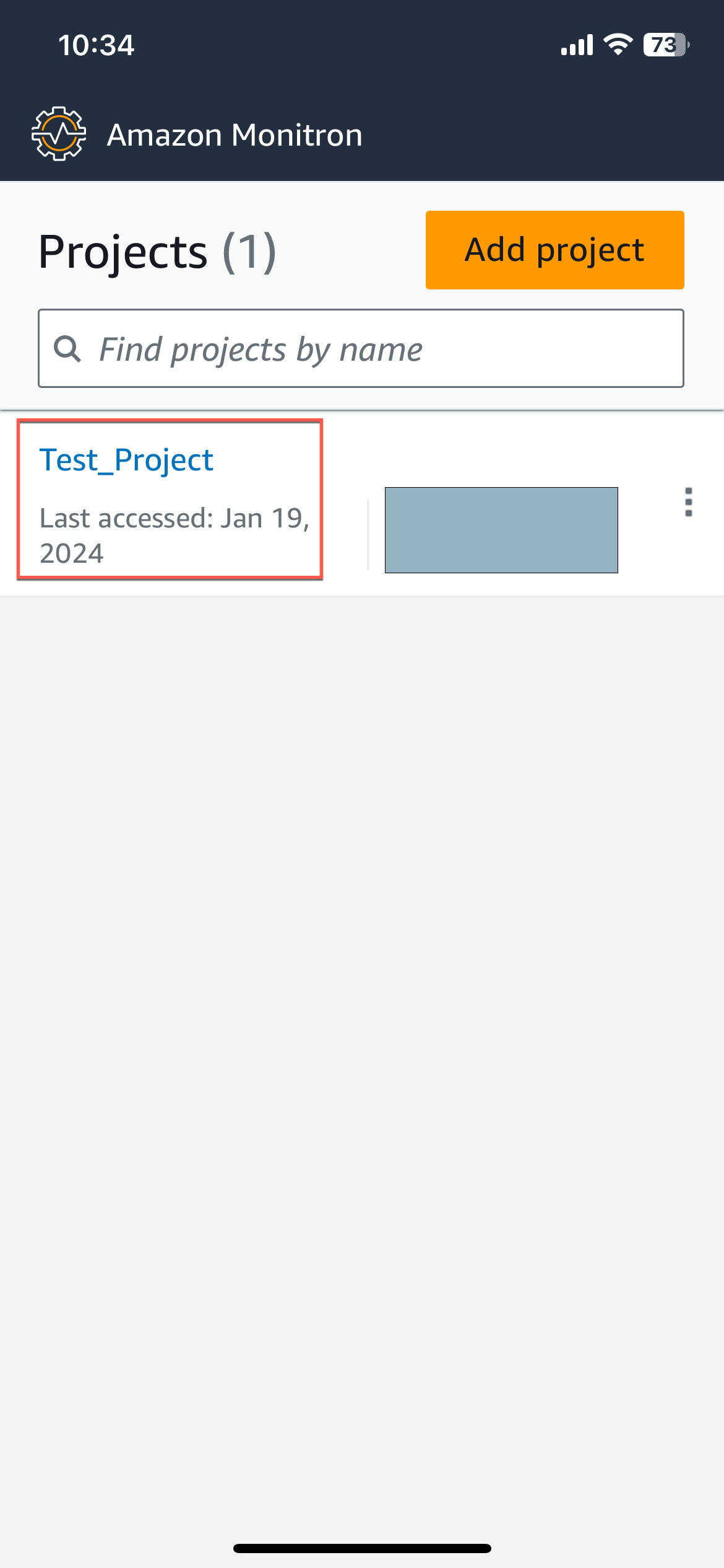 Amazon Monitron mobile app interface showing Projects page with one Test_Project listed.