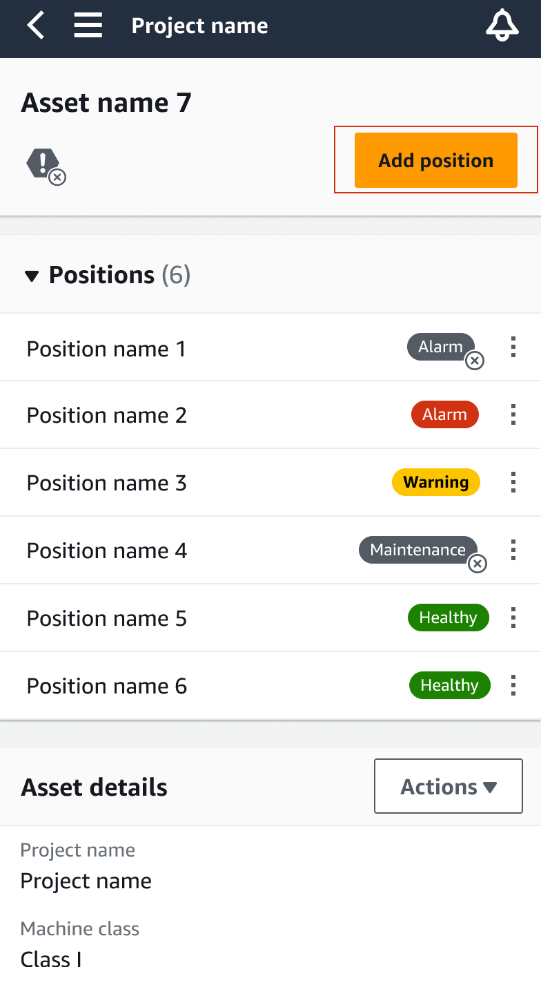 Asset management interface showing 6 positions with various status indicators.