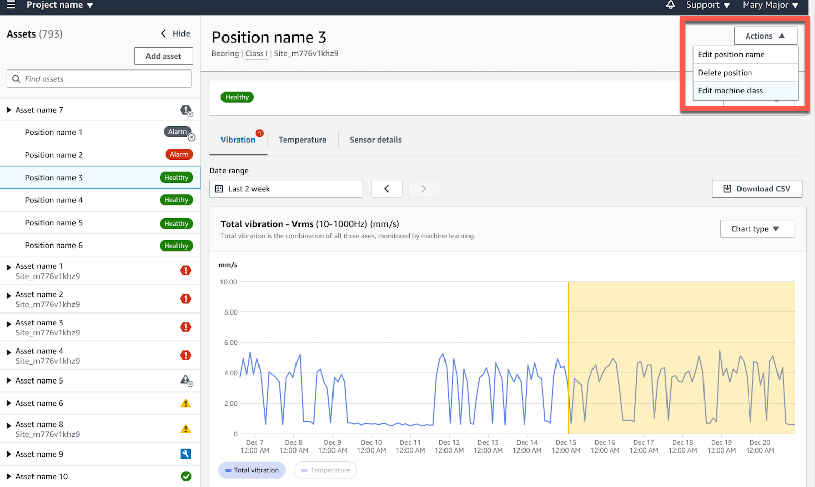 Dashboard showing asset health status, vibration data, and an Actions dropdown menu for Position name 3.