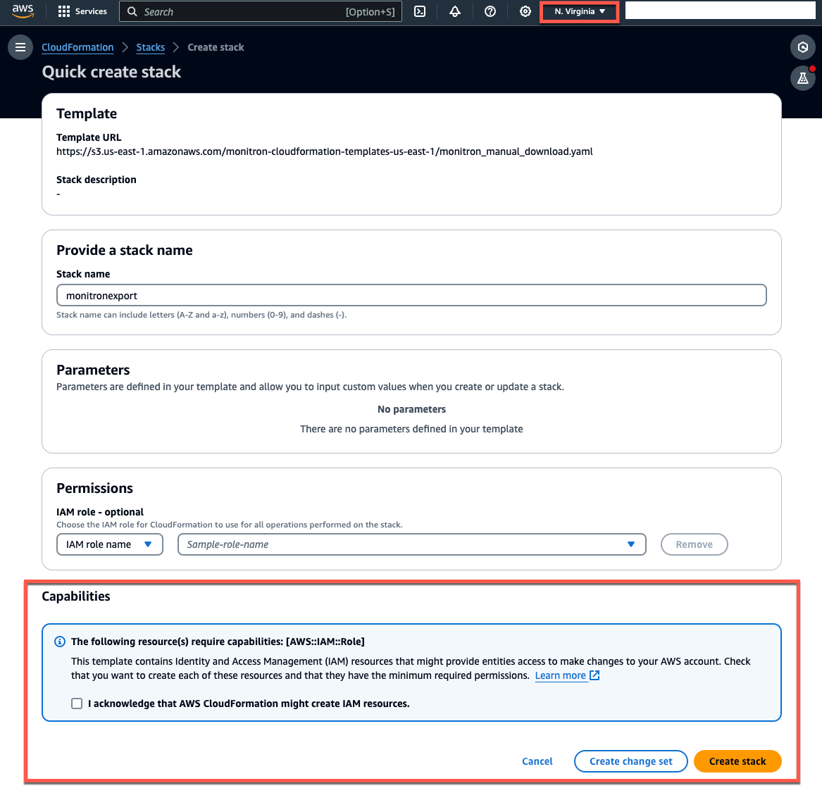 CloudFormation quick create stack interface with template URL, stack name, and IAM role options.