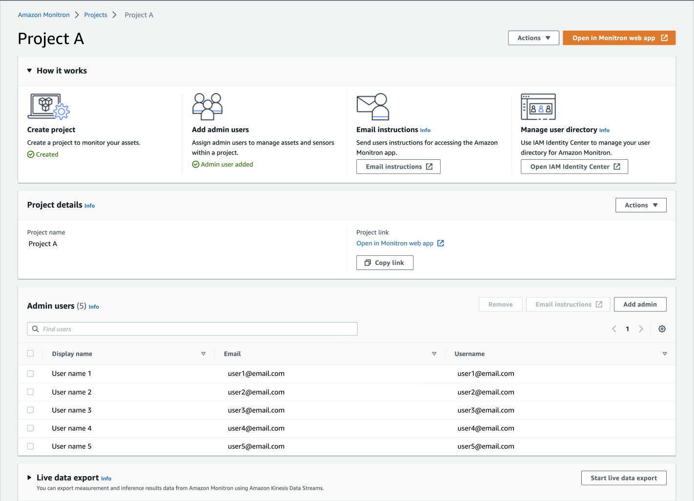 Project A dashboard showing setup steps, project details, and admin user management.