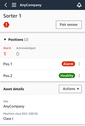 Mobile app interface showing Sorter 1 with two positions, one in alarm state and one healthy.