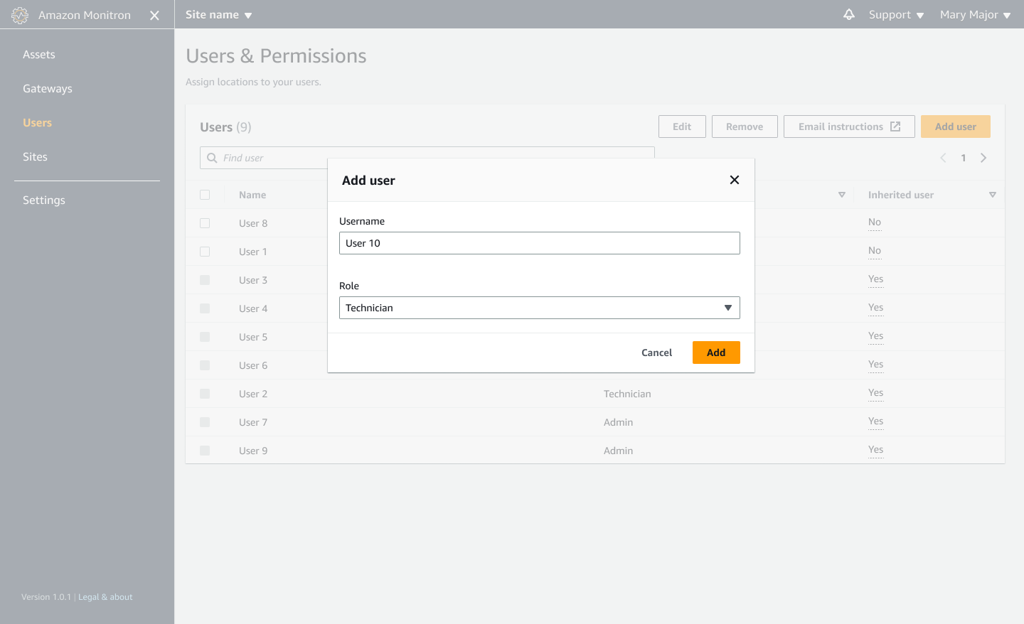 Add user dialog box with fields for username and role selection.