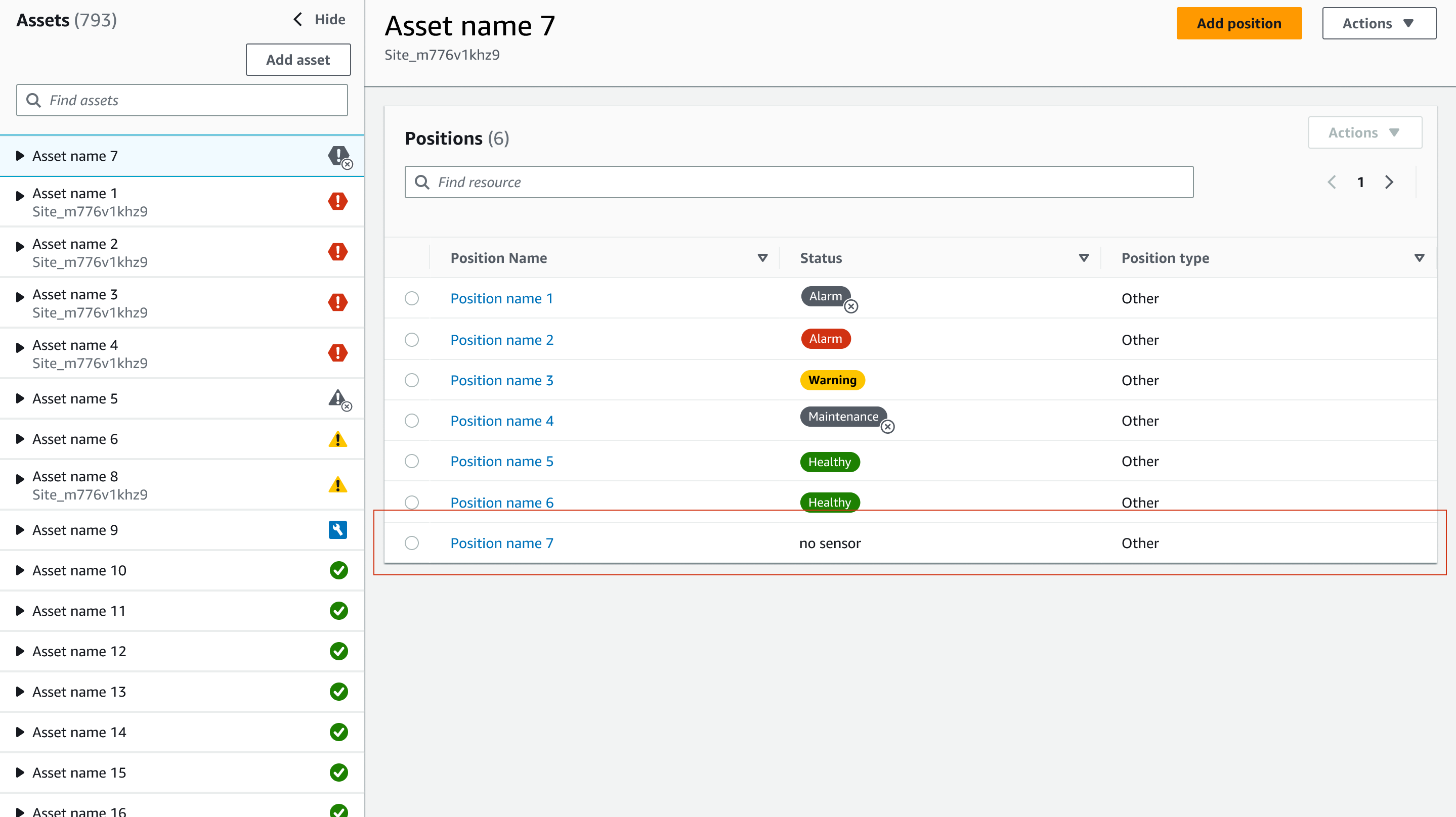 Asset management interface showing positions with various statuses and types.