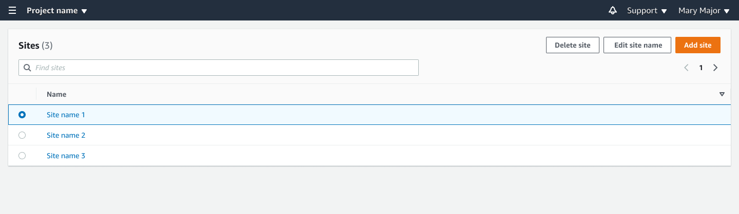 Sites management interface showing a list of three site names with options to add, edit, or delete sites.