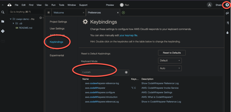 AWS Cloud9 interface showing Keybindings settings with options for keyboard mode and custom keybindings.