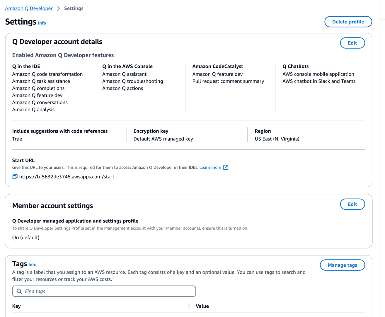 Amazon Q 开发者控制台设置页面