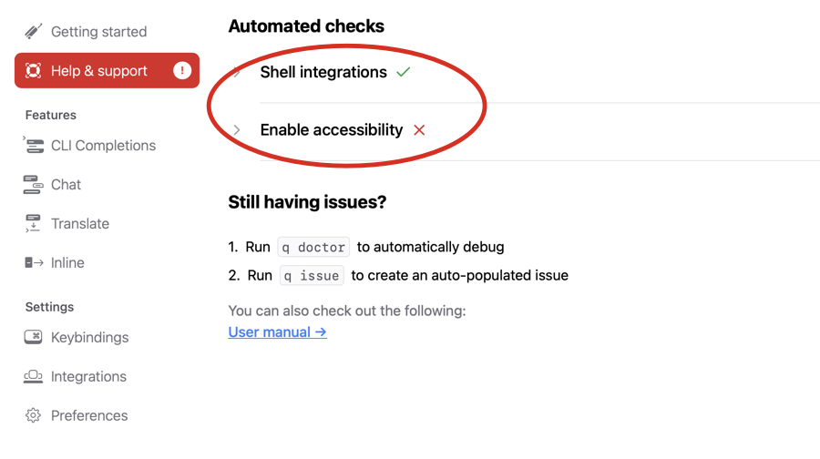 Automated checks section showing Shell integrations checked and Enable accessibility unchecked.