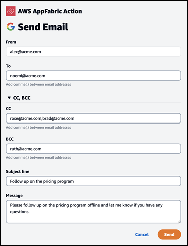 Email form with From, To, CC, BCC, Subject line, and Message fields for sending.