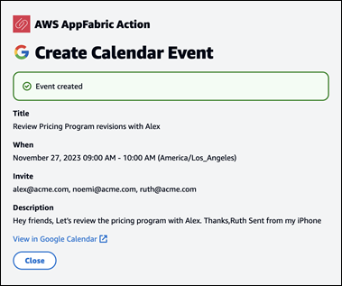 Calendar event creation confirmation with event details and option to view in Google Calendar.