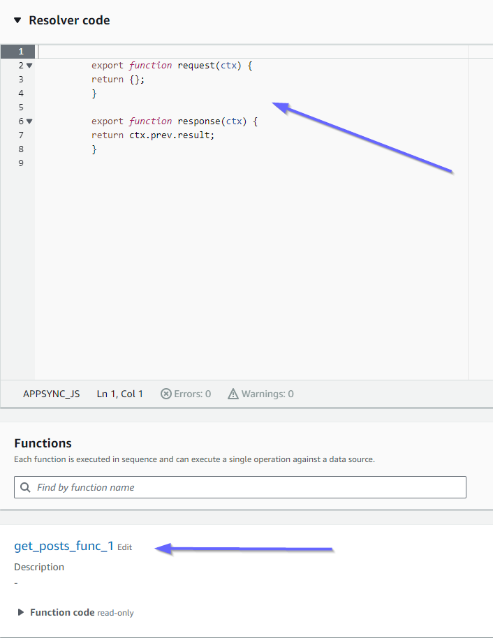 Resolver code with request and response functions, and a get_posts_func_1 function listed below.