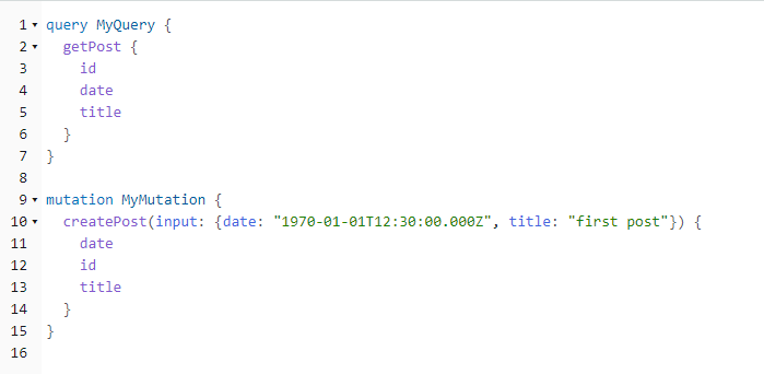 GraphQL code snippet showing a query to get post details and a mutation to create a post.
