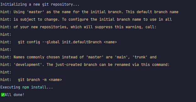 Terminal output showing Git repository initialization and npm install completion.