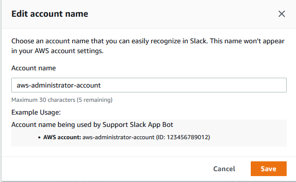 如何编辑账户名称以使其在适用于 Slack 的 AWS Support App 中显示的屏幕截图。