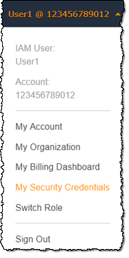 AWS 管理控制台的“My Security Credentials（我的安全凭证）”链接