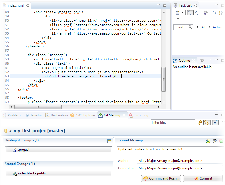 将更改推送到 Eclipse 中的 AWS CodeStar 项目