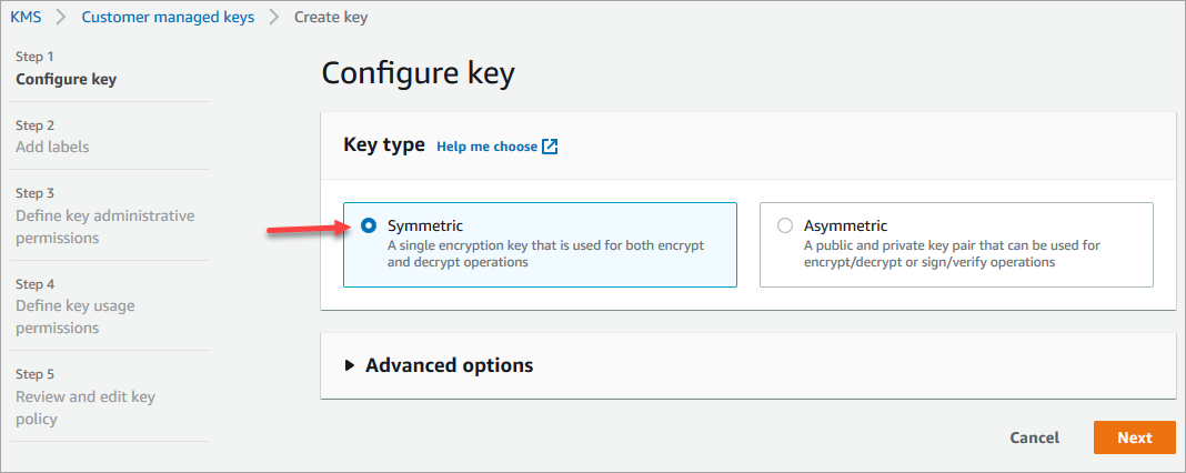 Configure key page with Symmetric key type selected for encryption and decryption.