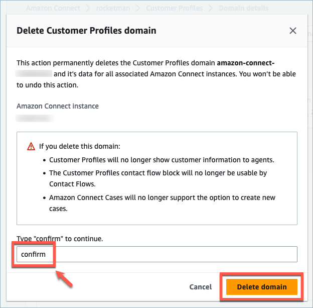 Amazon Connect Customer Profiles 删除域页面，手动输入确认后“删除域”确认按钮。