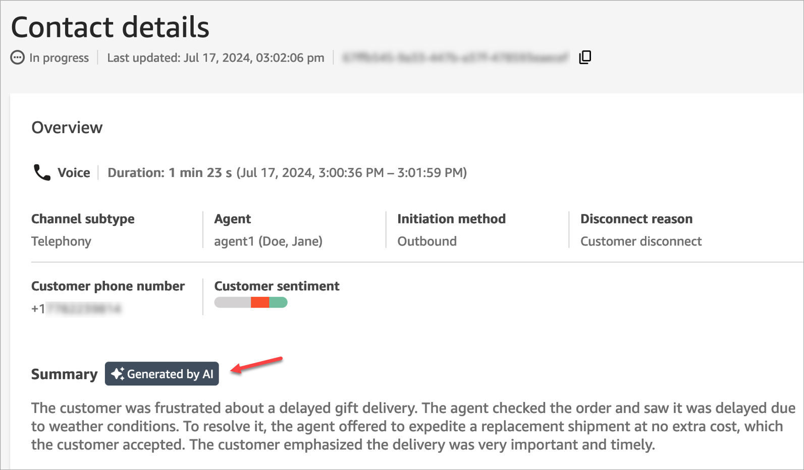 Contact details page showing call information, agent details, and AI-generated summary of customer interaction.