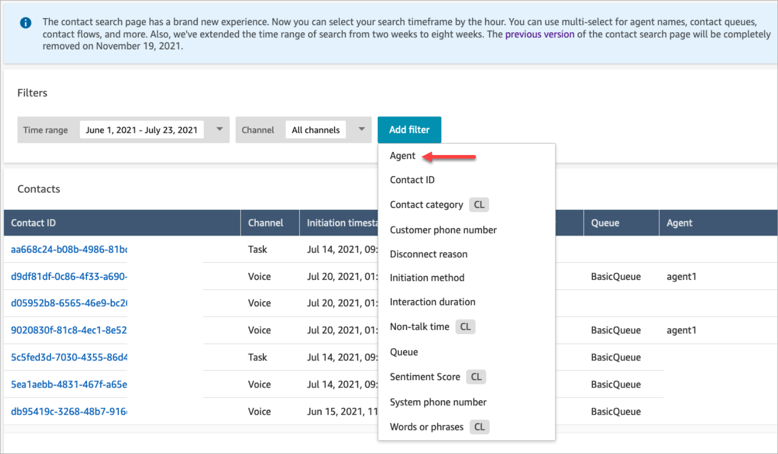 Contact search page with time range, channel filters, and additional filter options including Agent.