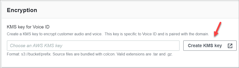 Encryption section with KMS key input field for Voice ID and Create KMS key button.