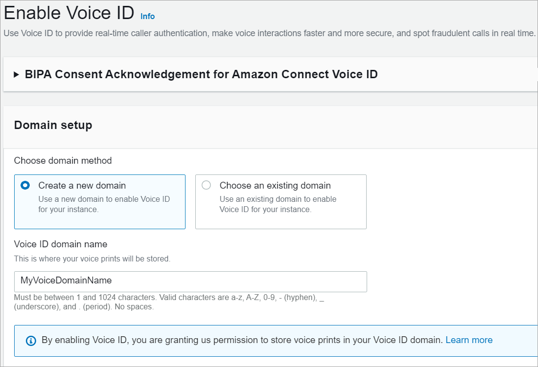 Domain setup interface with options to create a new domain or choose an existing one.