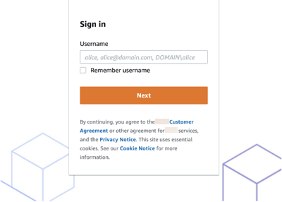 Sign-in form with username field, "Remember username" checkbox, and "Next" button.