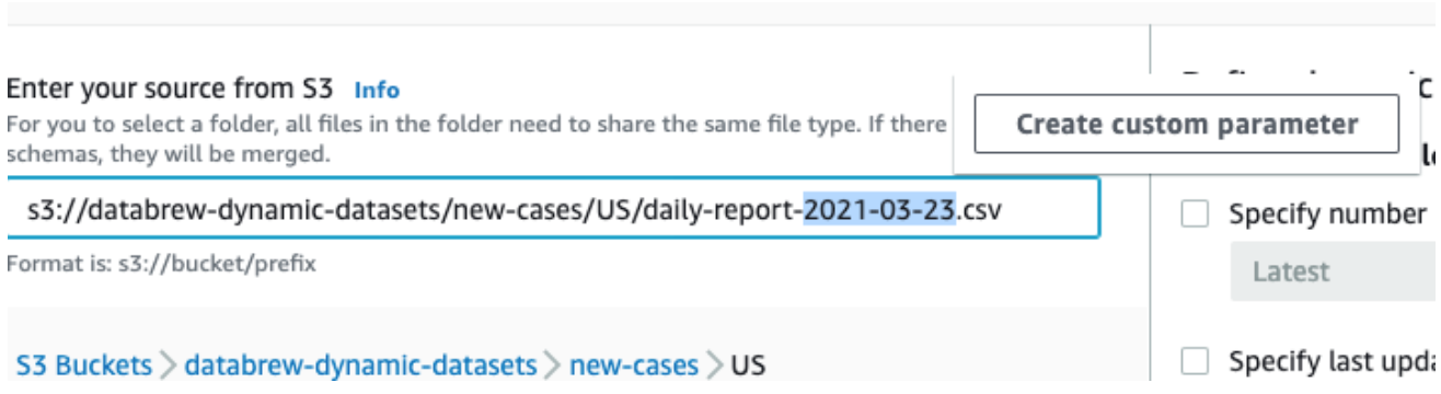 S3 bucket path with dynamic dataset folder and daily report CSV file for US region.