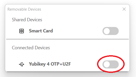 Removable Devices menu showing Smart Card disabled and Yubikey 4 OTP+U2F enabled.