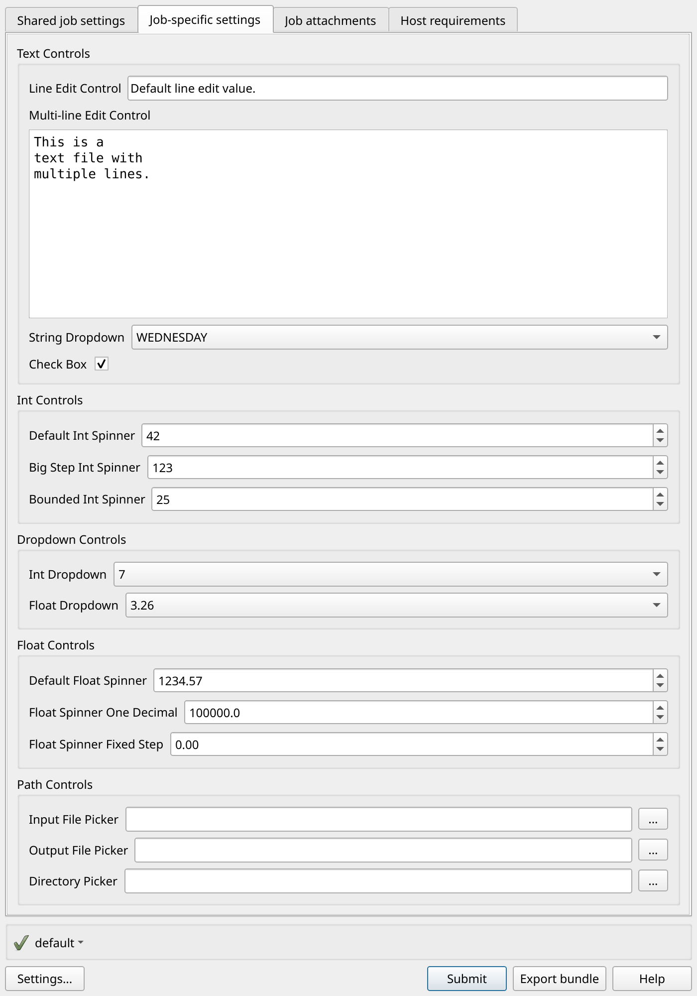 gui_control_showcase 包的特定任务设置选项卡，显示按类型分组的生成的控件。