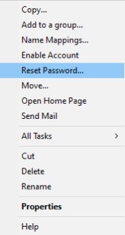 Context menu with options including Reset Password, Move, Open Home Page, and Send Mail.