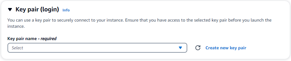 Key pair selection dropdown with option to create a new key pair for secure instance connection.