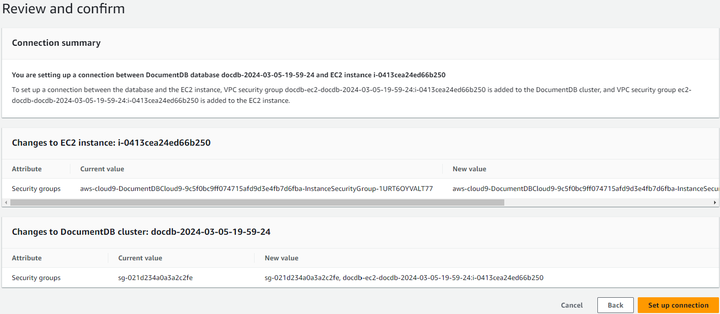 Connection summary and changes for DocumentDB database and EC2 instance, with security group updates.