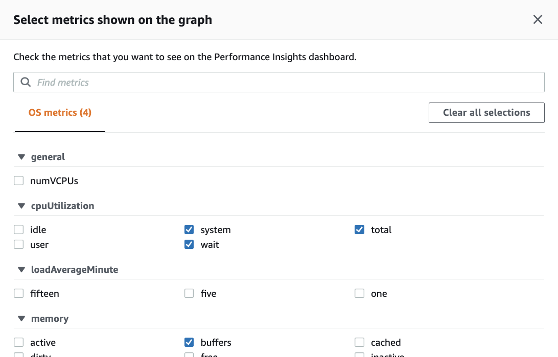 Performance Insights dashboard metric selection interface with OS metrics options.